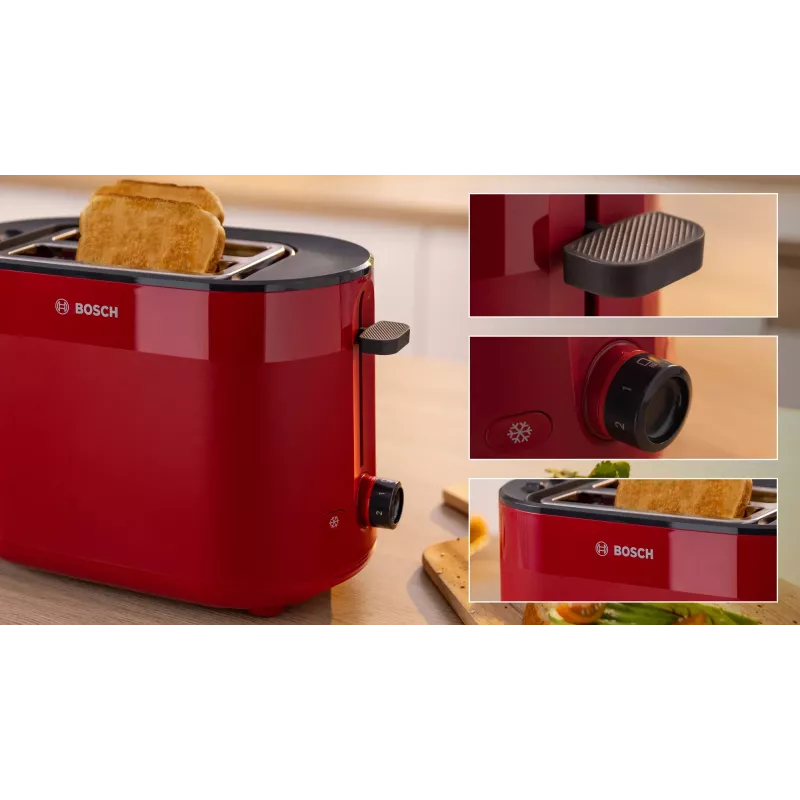 Skrudintuvas Bosch TAT2M124 — 2 griežinėliai 950 W, raudonas, duonos centravimas, atšildymas, kėlimas