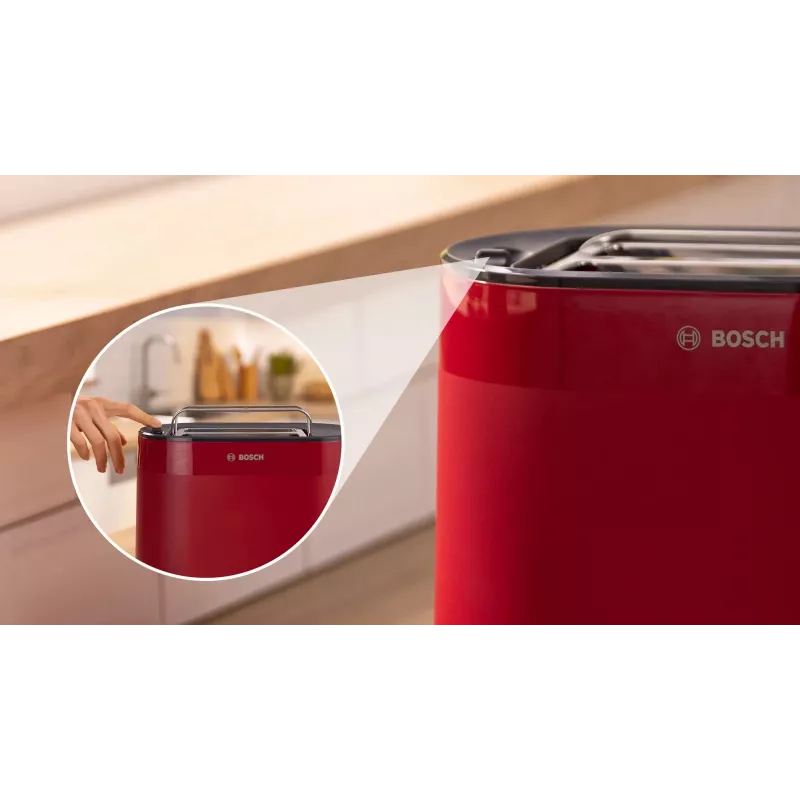 Skrudintuvas Bosch TAT2M124 — 2 griežinėliai 950 W, raudonas, duonos centravimas, atšildymas, kėlimas