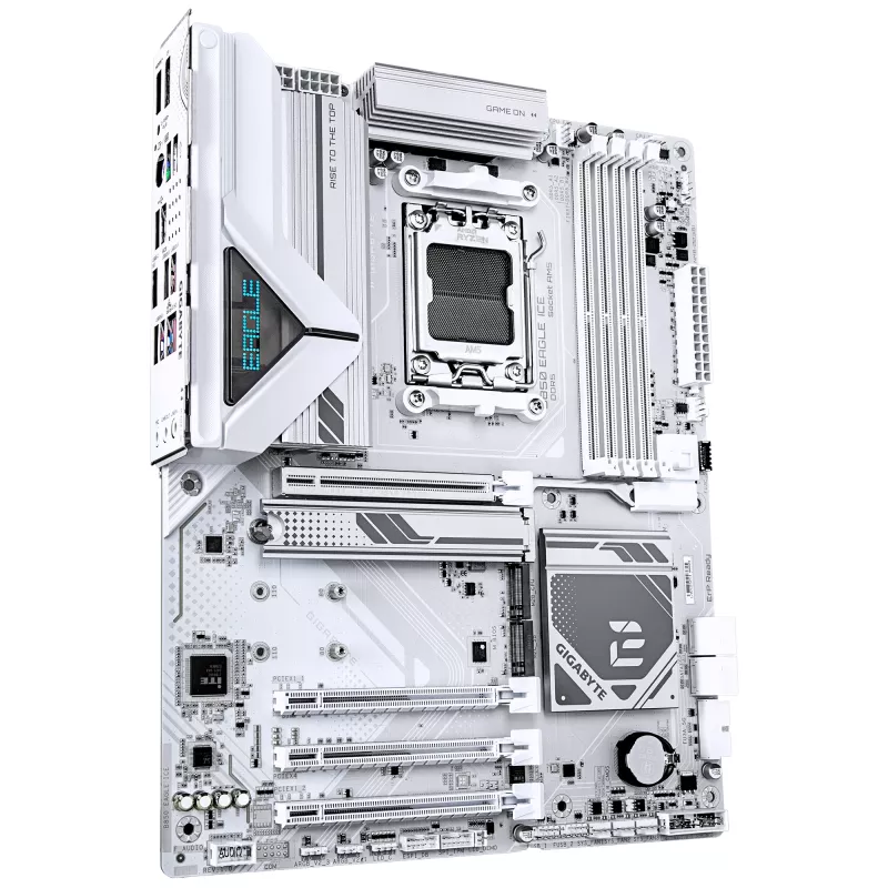 GIGABYTE B850 EAGLE ICE pagrindinė plokštė – AMD Ryzen 9000 serijos procesoriams, 8+2+2 fazių skaitmeninis VRM, iki 8200MHz DDR5 (O.C.), 1xPCIe 5.0 + 2xPCIe 4.0 M.2, 2.5 GbE LAN, USB 3.2 Gen 2