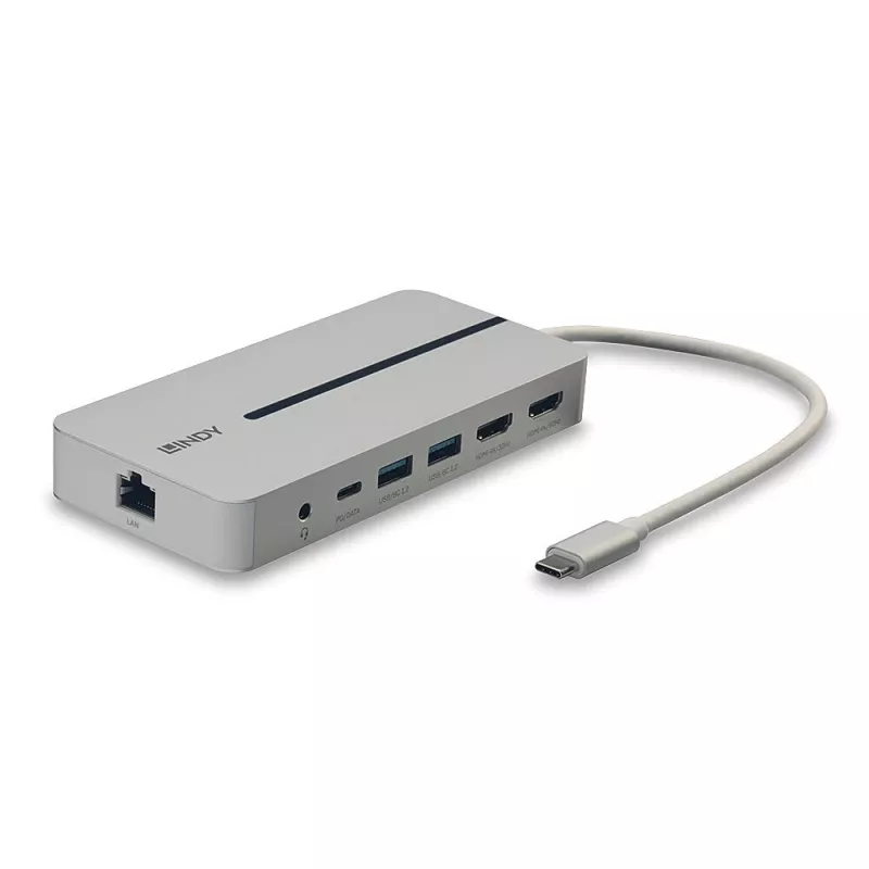 Lindy DST-Mx Duo USB-C nešiojamojo kompiuterio / MacBook mini dokų stotelė su dviem ekranais (4K) ir 100W įkrovimo perdavimu