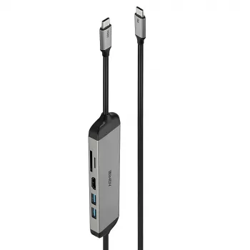 Lindy DST-Micro 140, USB-C nešiojamojo kompiuterio mikro dokų stotelė su 4K palaikymu ir 1,4 m 60 W įkrovimo kabeliu