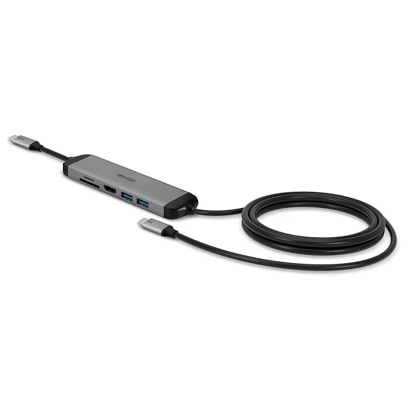 Lindy DST-Micro 140, USB-C nešiojamojo kompiuterio mikro dokų stotelė su 4K palaikymu ir 1,4 m 60 W įkrovimo kabeliu