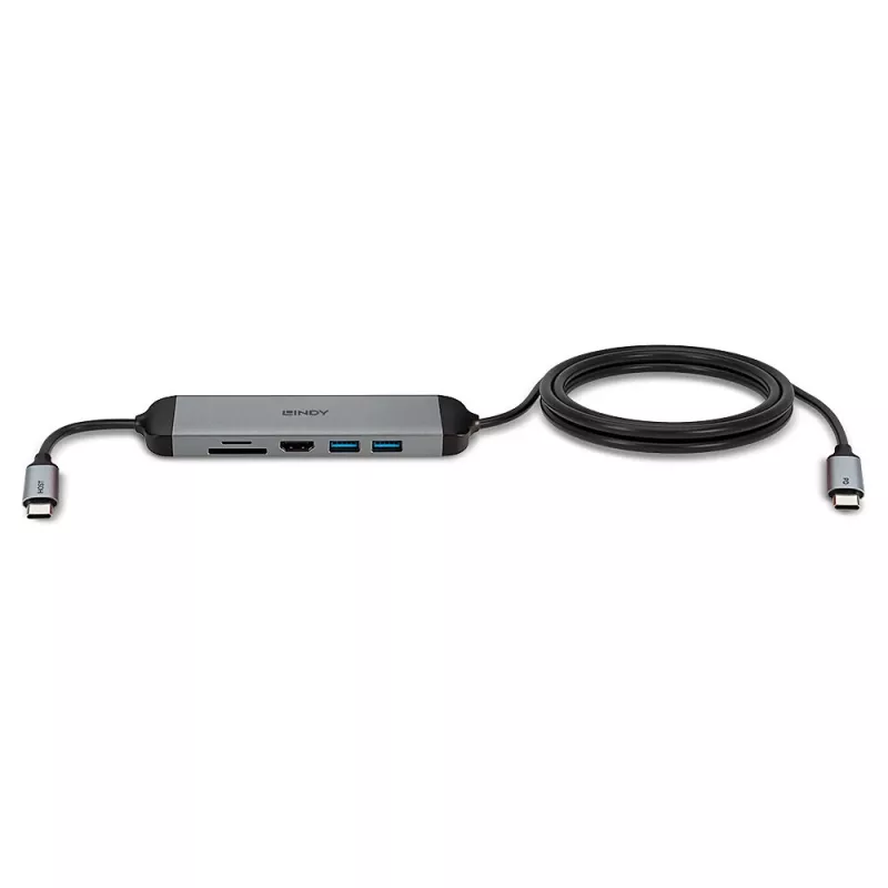 Lindy DST-Micro 140, USB-C nešiojamojo kompiuterio mikro dokų stotelė su 4K palaikymu ir 1,4 m 60 W įkrovimo kabeliu