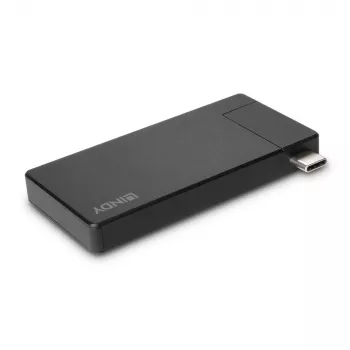 Lindy DST-Micro, USB-C nešiojamojo kompiuterio mikro dokų stotelė su 4K palaikymu ir 100W galios perdavimu