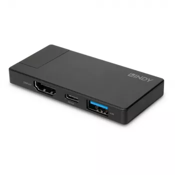 Lindy DST-Micro, USB-C nešiojamojo kompiuterio mikro dokų stotelė su 4K palaikymu ir 100W galios perdavimu