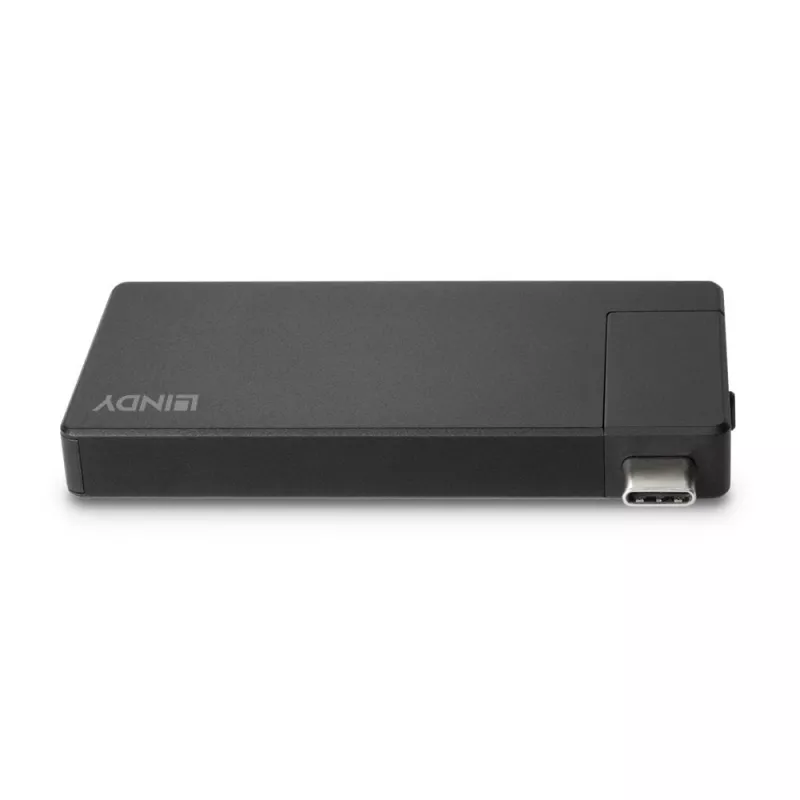Lindy DST-Micro, USB-C nešiojamojo kompiuterio mikro dokų stotelė su 4K palaikymu ir 100W galios perdavimu