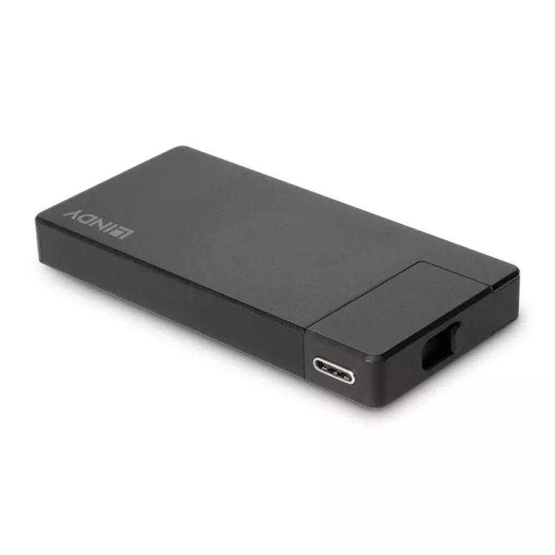 Lindy DST-Micro, USB-C nešiojamojo kompiuterio mikro dokų stotelė su 4K palaikymu ir 100W galios perdavimu