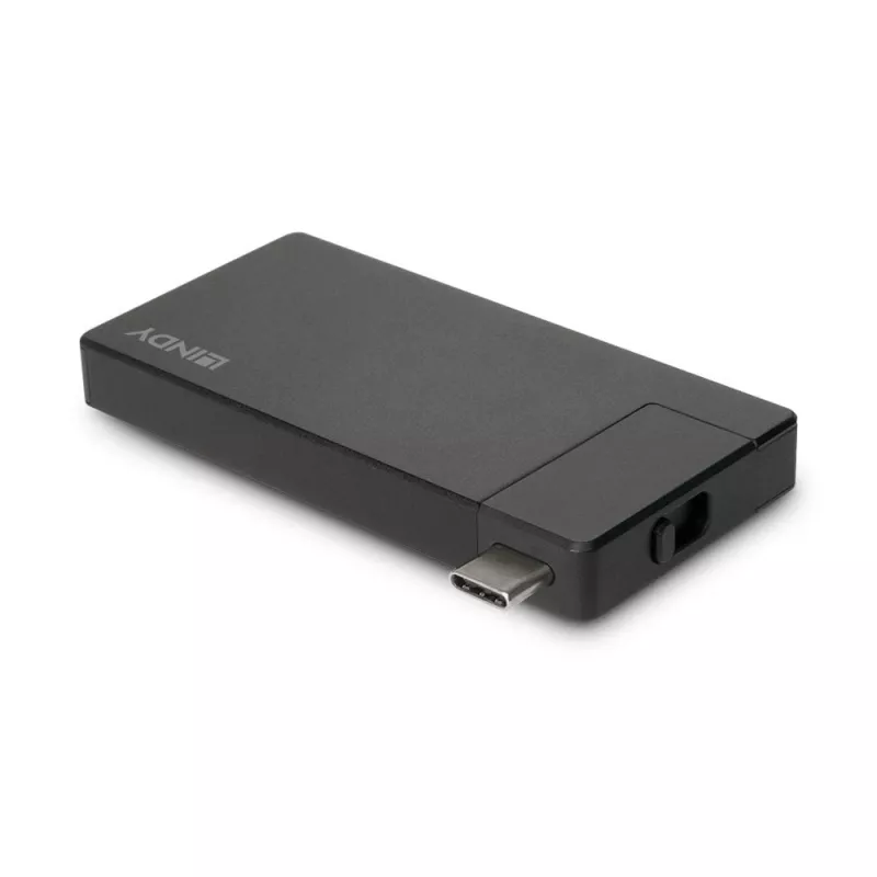 Lindy DST-Micro, USB-C nešiojamojo kompiuterio mikro dokų stotelė su 4K palaikymu ir 100W galios perdavimu