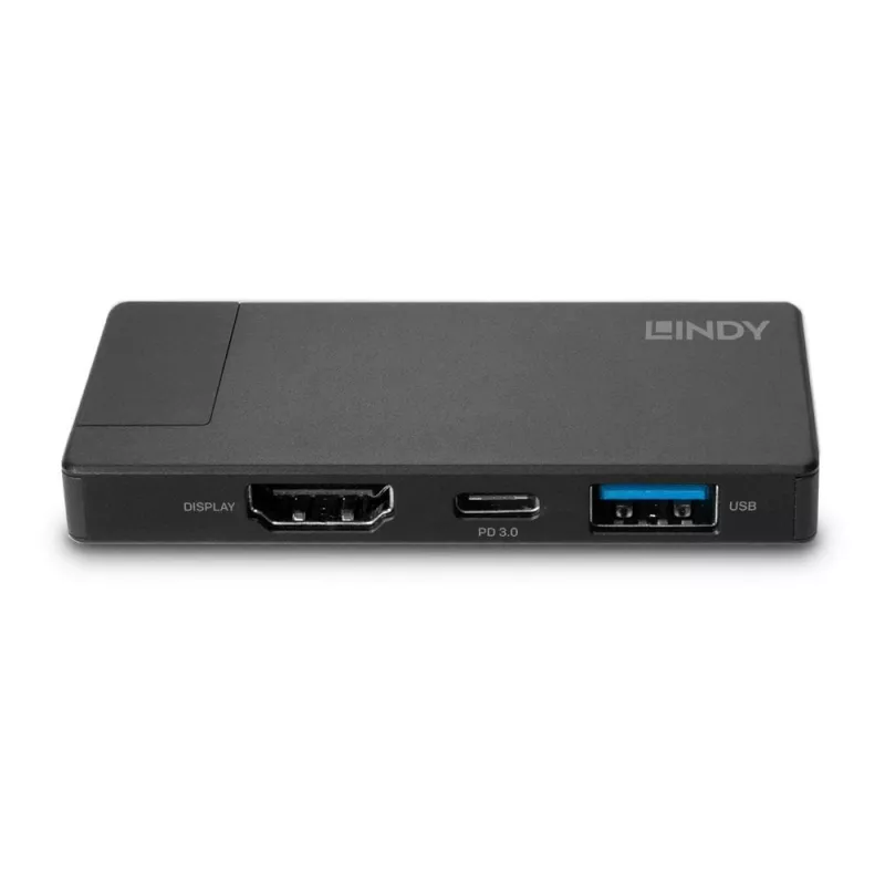 Lindy DST-Micro, USB-C nešiojamojo kompiuterio mikro dokų stotelė su 4K palaikymu ir 100W galios perdavimu