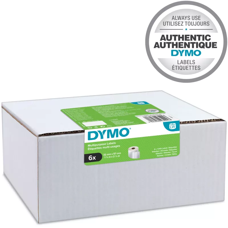 DYMO Autentiškos LabelWriter Universalios Etiketės 32mm x 57mm, 6 Rulonų po 1 000 Lengvai Nuimamų Etikečių (6 000 vnt.), Lipnios, LabelWriter Etikečių Spausdintuvams
