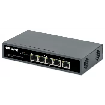 Intellinet 5 prievadų gigabitas jungiklis su PoE perdavimu, vienas IEEE 802.3bt (PoE++ / 4PPoE) PD PoE prievadas su 95 W galios įvadu, keturi PSE PoE prievadai, PoE galios biudžetas iki 65 W, IEEE 802.3at/af suderinama išvestis, darbalaukio, montavimo ant