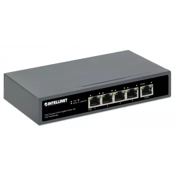 Intellinet 5 prievadų gigabitas jungiklis su PoE perdavimu, vienas IEEE 802.3bt (PoE++ / 4PPoE) PD PoE prievadas su 95 W galios įvadu, keturi PSE PoE prievadai, PoE galios biudžetas iki 65 W, IEEE 802.3at/af suderinama išvestis, darbalaukio, montavimo ant