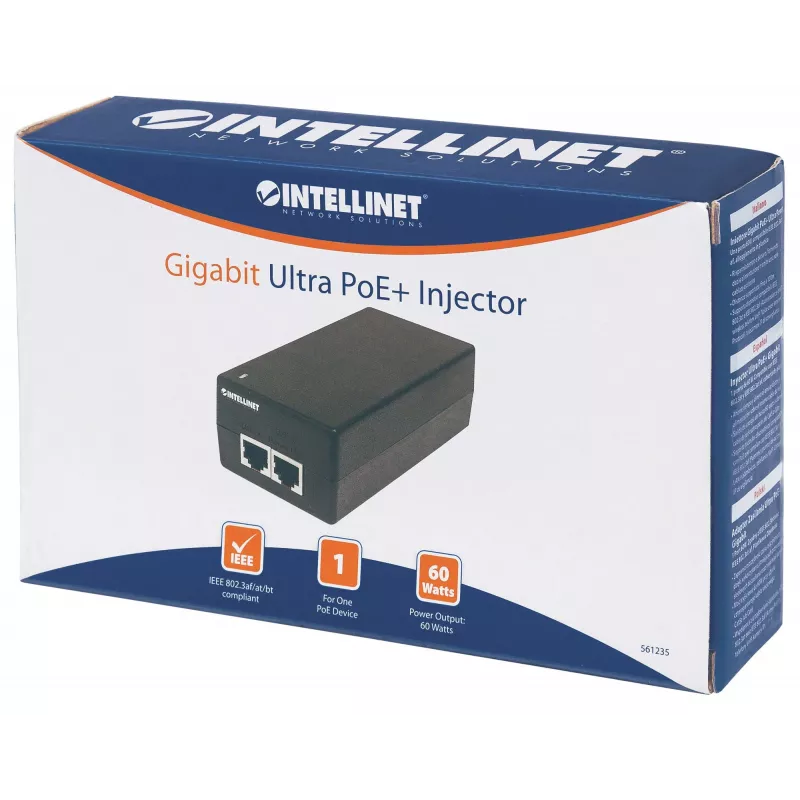 Intellinet Gigabit Ultra PoE+ injektorius, 1 x 60 W prievadas, suderinamas su IEEE 802.3bt ir IEEE 802.3at/af, plastikinis korpusas