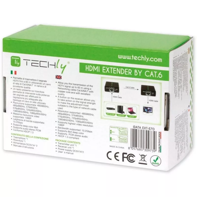 AV siųstuvas ir imtuvas TECHLY IDATA EXT-E70 — HDMI per Cat6/6a/7 prailgintuvas, Full HD 1920x1080, 60 m, 10.2 Gbit/s, HDCP, juodas