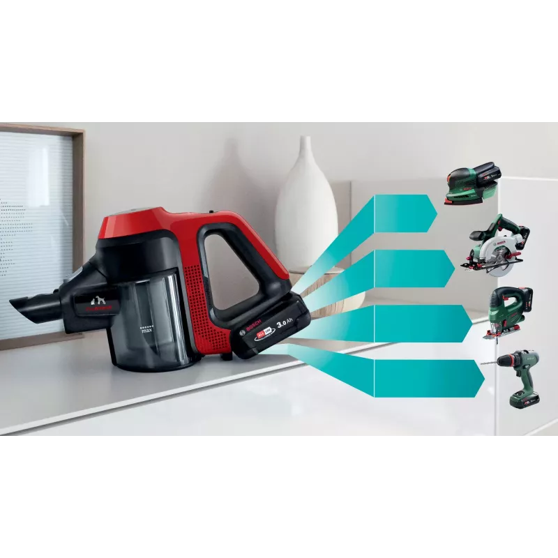 Bosch BBS711ANM belaidis siurblys/šluota, akumuliatorinis, sausas valymas, be maišelio, 0.3 L, juoda, raudona, nerūdijantis plienas