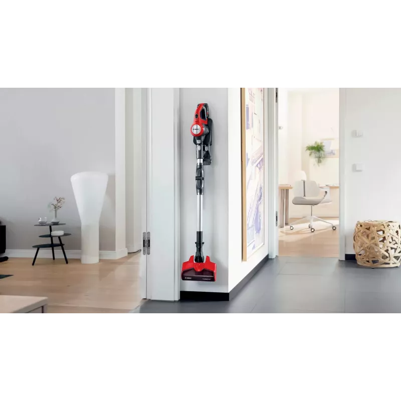 Bosch BBS711ANM belaidis siurblys/šluota, akumuliatorinis, sausas valymas, be maišelio, 0.3 L, juoda, raudona, nerūdijantis plienas
