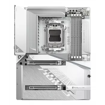 GIGABYTE B850 AORUS STEALTH ICE ATX pagrindinė plokštė AMD Socket AM5 — B850, 14+2+2 VRM, DDR5 iki 8200 MHz (OC), 2×PCIe5, 2×PCIe4 M.2, Wi‑Fi 7, 5GbE