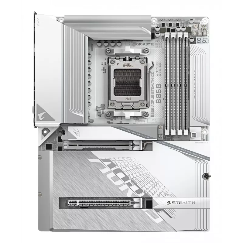 GIGABYTE B850 AORUS STEALTH ICE ATX pagrindinė plokštė AMD Socket AM5 — B850, 14+2+2 VRM, DDR5 iki 8200 MHz (OC), 2×PCIe5, 2×PCIe4 M.2, Wi‑Fi 7, 5GbE