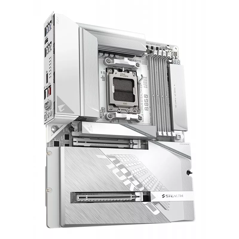 GIGABYTE B850 AORUS STEALTH ICE ATX pagrindinė plokštė AMD Socket AM5 — B850, 14+2+2 VRM, DDR5 iki 8200 MHz (OC), 2×PCIe5, 2×PCIe4 M.2, Wi‑Fi 7, 5GbE