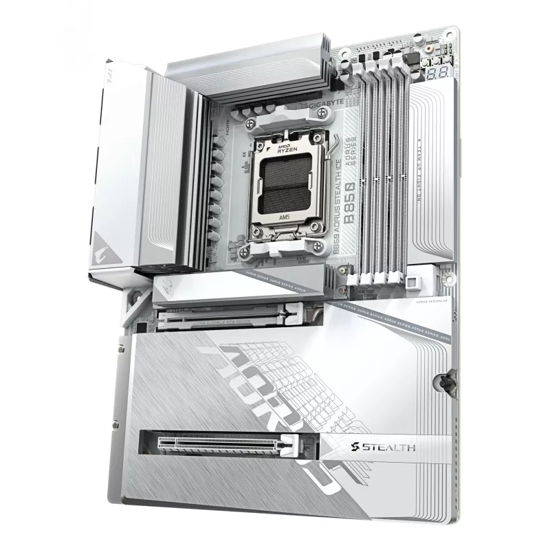 GIGABYTE B850 AORUS STEALTH ICE ATX pagrindinė plokštė AMD Socket AM5 — B850, 14+2+2 VRM, DDR5 iki 8200 MHz (OC), 2×PCIe5, 2×PCIe4 M.2, Wi‑Fi 7, 5GbE