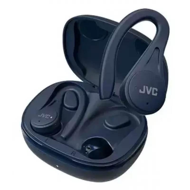 Į ausį įdedamos ausinės JVC HA-EC25TAU — True Wireless, Bluetooth 5.1, IPX5, užkabinamos už ausies, 6 mm tvarkyklės, 30 h su dėklu, mėlynos