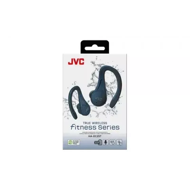 Į ausį įdedamos ausinės JVC HA-EC25TAU — True Wireless, Bluetooth 5.1, IPX5, užkabinamos už ausies, 6 mm tvarkyklės, 30 h su dėklu, mėlynos