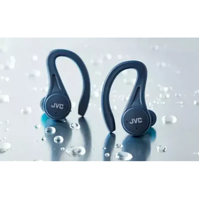 Į ausį įdedamos ausinės JVC HA-EC25TAU — True Wireless, Bluetooth 5.1, IPX5, užkabinamos už ausies, 6 mm tvarkyklės, 30 h su dėklu, mėlynos