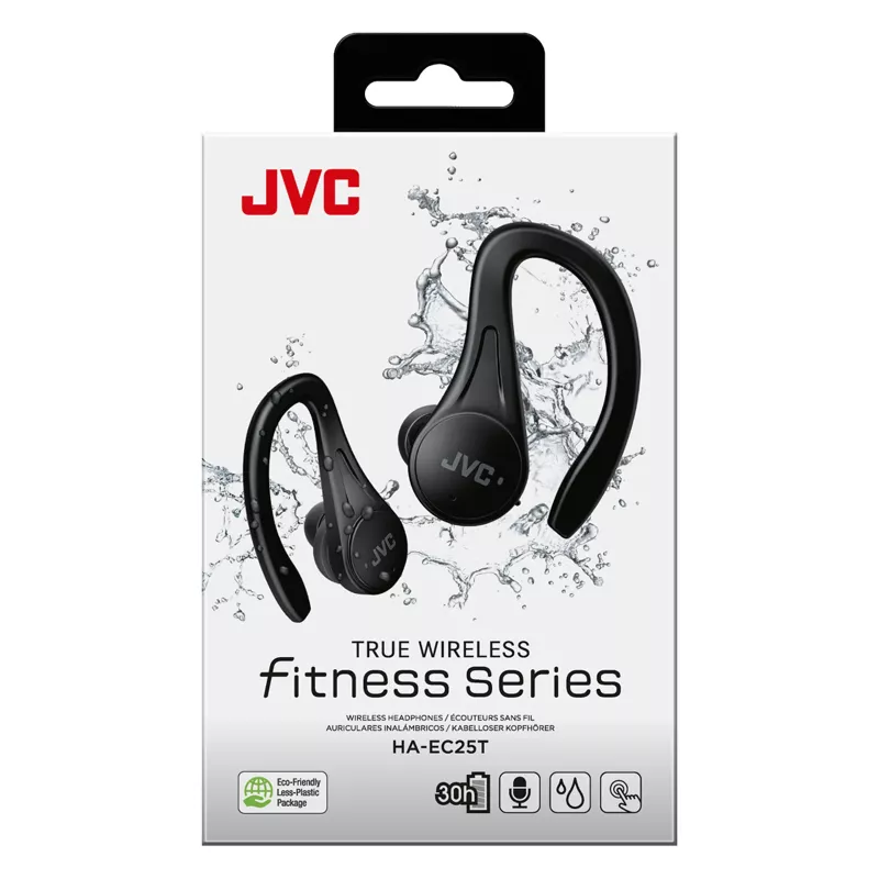 Jėgos sporto belaidės ausinės JVC Sports TWS Black, True Wireless Stereo (TWS), 20–20000 Hz, skambučiai/muzika, 6,8 g, juodos