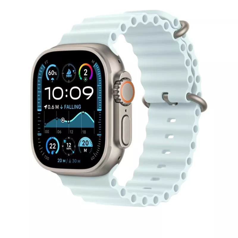 APPLE 49mm ledyno mėlynos spalvos Ocean Band prailginimas – natūralaus titano apdaila