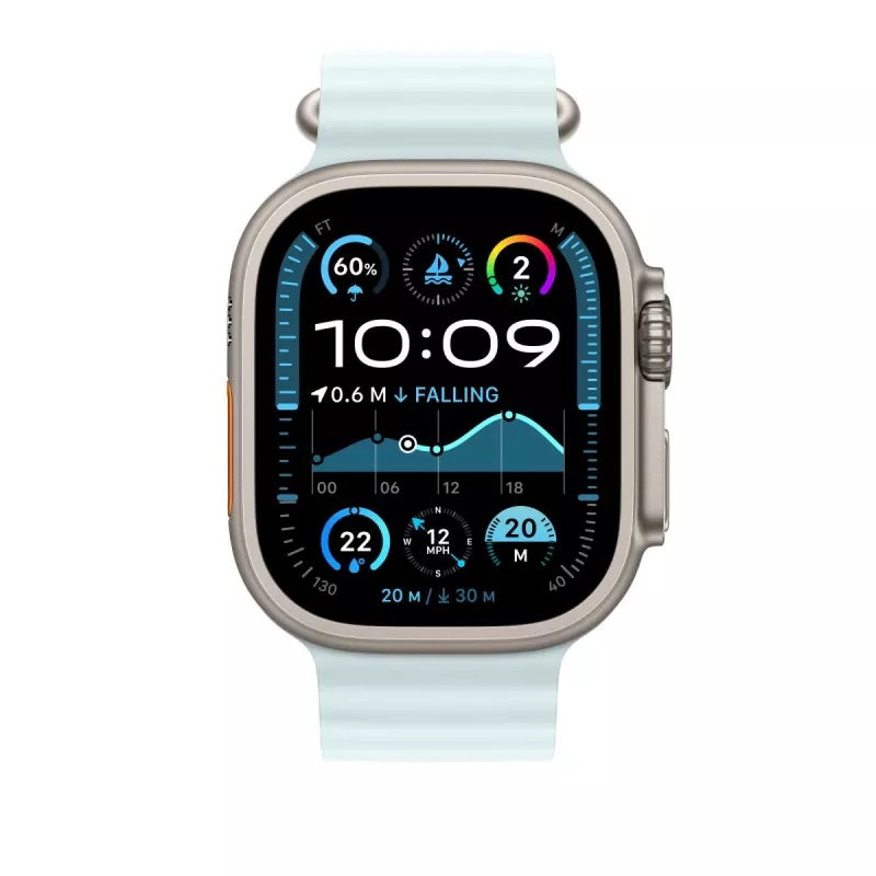 APPLE 49mm ledyno mėlynos spalvos Ocean Band prailginimas – natūralaus titano apdaila