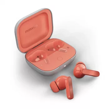 Belaidės į ausį dedamos ausinės Motorola Moto Buds – Coral, Bluetooth 5.3, ANC, Dolby Atmos, 9 h atkūrimas (42 h su dėklu)