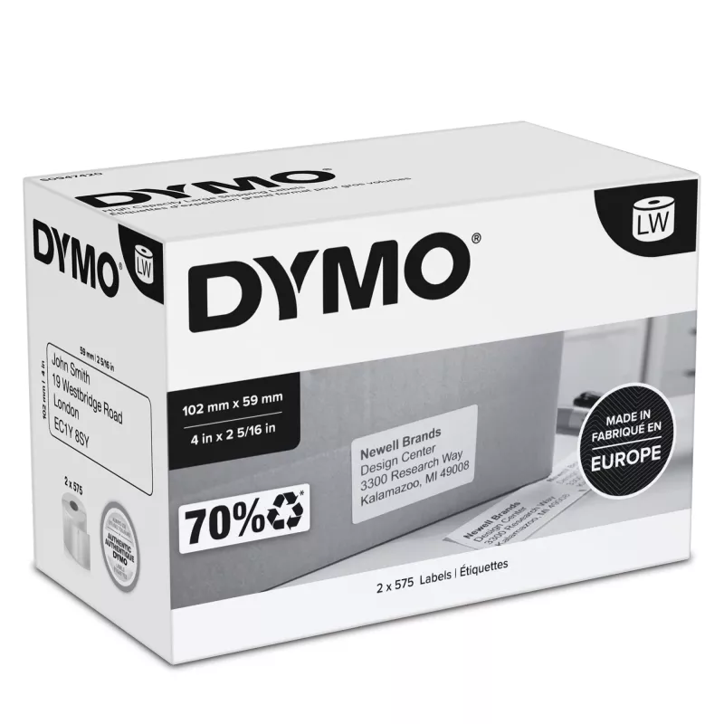 DYMO Authentic LabelWriter didelės talpos siuntų etiketės | (59 mm x 102 mm) | 2 rulonai po 575 lengvai nuimamų etikečių (1 150 siuntų etikečių) | lipnios | skirtos LabelWriter 4XL/5XL etikečių spausdintuvams