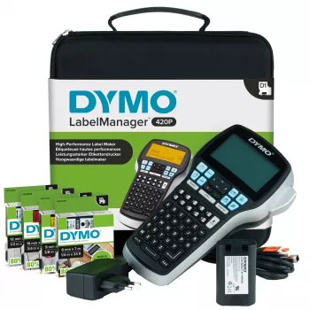DYMO LabelManager 420P aukštos klasės įkraunamas nešiojamas etikečių spausdintuvas su ABC klaviatūra, 4 D1 juostų rinkiniais ir dėklu