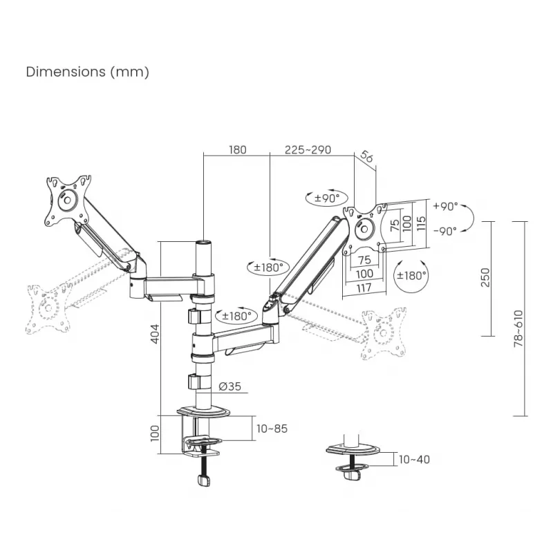 Gembird MA-DA2P-02 monitorų laikiklis stalas 2 ekranams, iki 81,3 cm (32 colių), VESA 75x75–100x100, maks. 9 kg kiekvienam, spaustuvas/įvorė, juoda