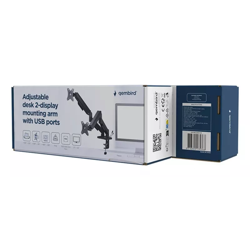 Gembird MA-DA2U-01 reguliuojamas dviejų monitorių laikiklis su USB prievadais, 17-32 col.