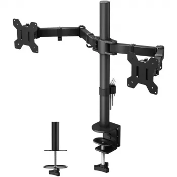 Monitorų laikiklis TECHLY ICA-LCD-382-D 2 ekranams, ant stalo spaustuvas, iki 27 colių, 20 kg, VESA 75x75–100x100, juodas
