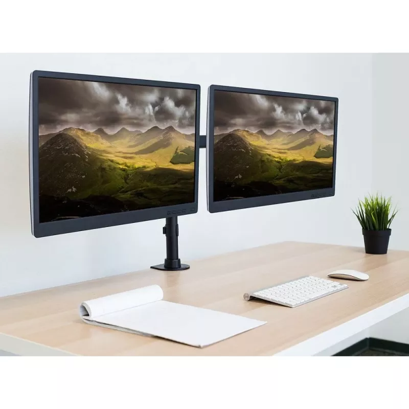 Monitorų laikiklis TECHLY ICA-LCD-382-D 2 ekranams, ant stalo spaustuvas, iki 27 colių, 20 kg, VESA 75x75–100x100, juodas