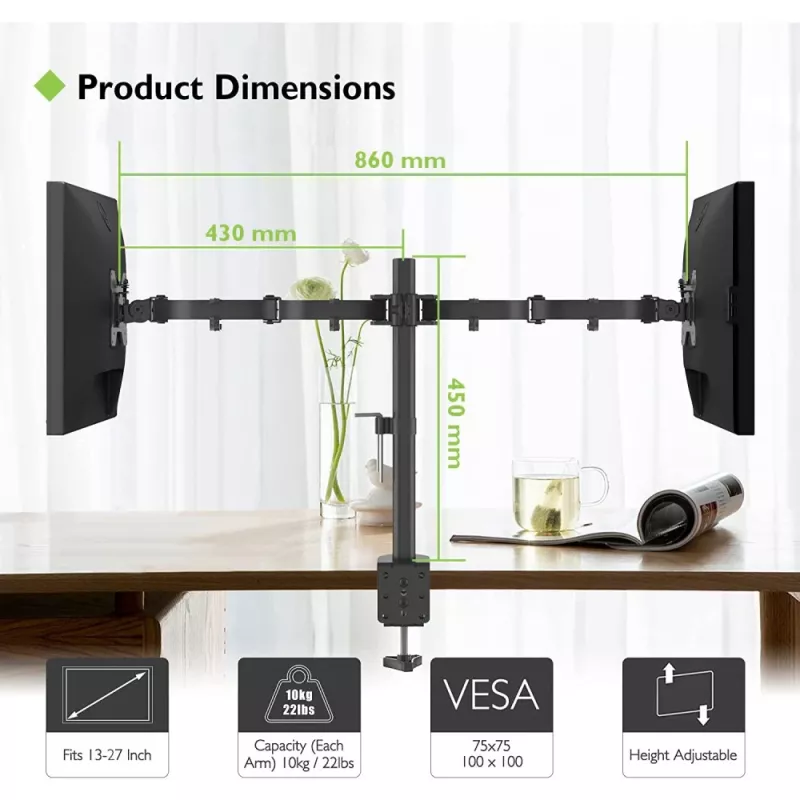 Monitorų laikiklis TECHLY ICA-LCD-382-D 2 ekranams, ant stalo spaustuvas, iki 27 colių, 20 kg, VESA 75x75–100x100, juodas