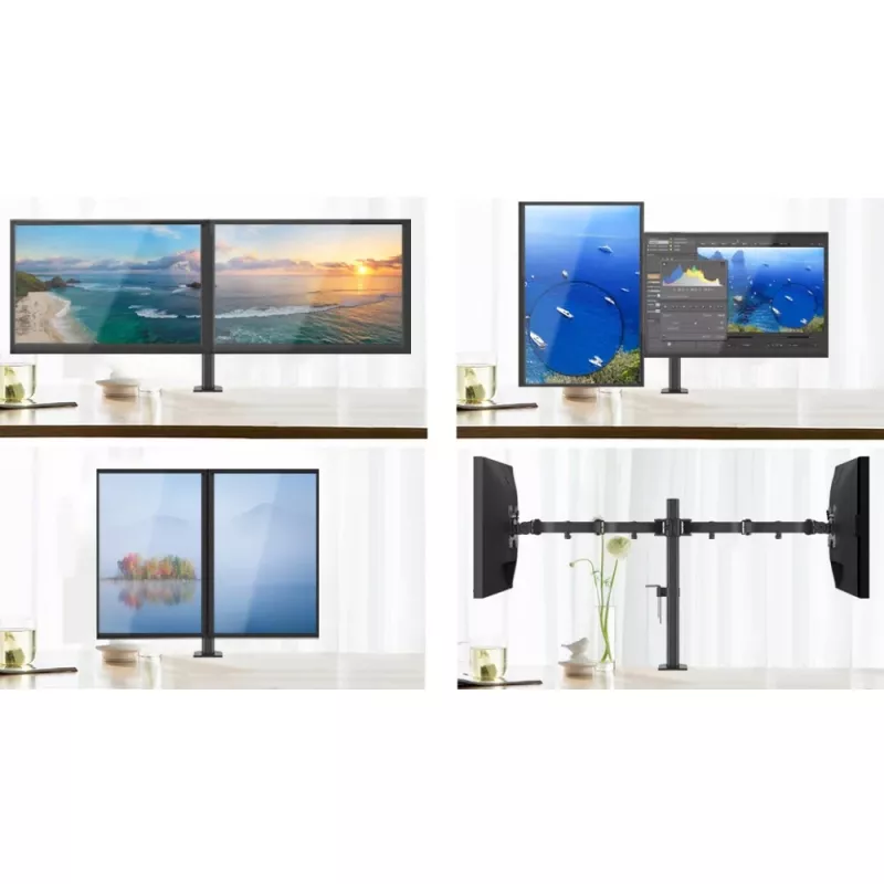Monitorų laikiklis TECHLY ICA-LCD-382-D 2 ekranams, ant stalo spaustuvas, iki 27 colių, 20 kg, VESA 75x75–100x100, juodas