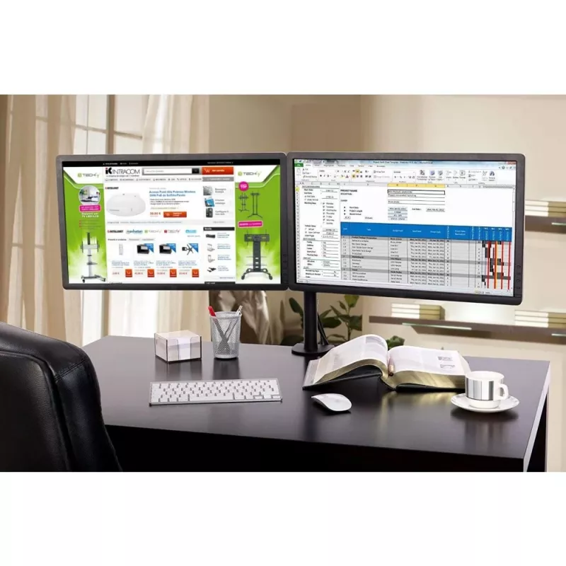 Monitorų laikiklis TECHLY ICA-LCD-382-D 2 ekranams, ant stalo spaustuvas, iki 27 colių, 20 kg, VESA 75x75–100x100, juodas