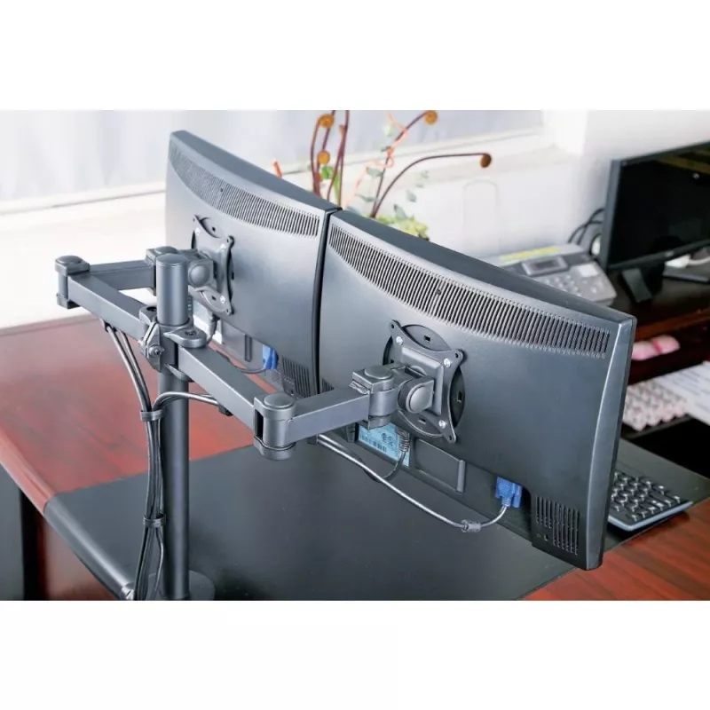 Monitorų laikiklis TECHLY ICA-LCD-382-D 2 ekranams, ant stalo spaustuvas, iki 27 colių, 20 kg, VESA 75x75–100x100, juodas