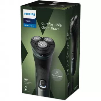 Elektrinis skustuvas Philips 3000X Series X3052/00 — rotacinis 3 galvutės, šlapias ir sausas, NiMH baterija, 45 min veikimo laikas, trimeris, juodas/žalias