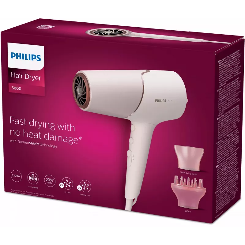 Plaukų džiovintuvas Philips BHD530/00 2300 W, 6 temperatūros/6 greičio nustatymai, joninis, šalto oro funkcija, difuzorius ir koncentratorius, rožinis