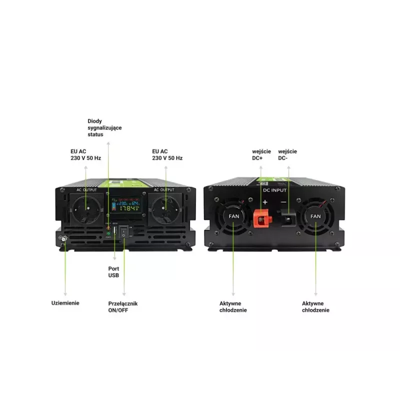 Automobilinis keitiklis Green Cell INVGC12P2000LCD 2000W 12V į 230V grynas sinusas, LCD, 1×USB, 2×AUX