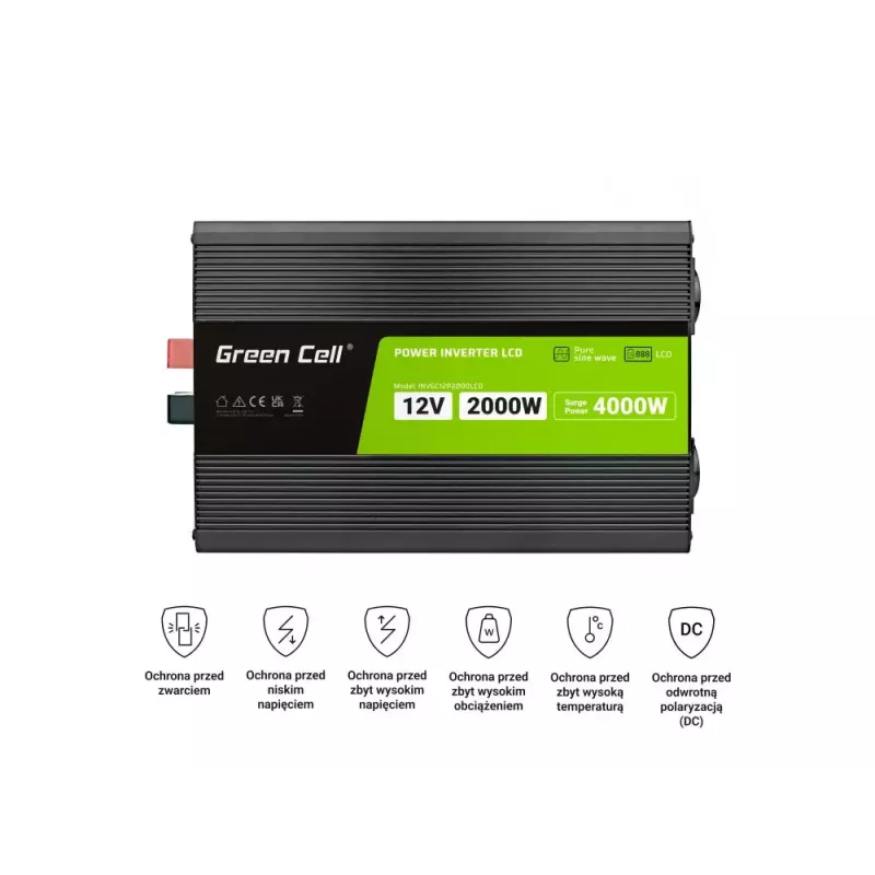 Automobilinis keitiklis Green Cell INVGC12P2000LCD 2000W 12V į 230V grynas sinusas, LCD, 1×USB, 2×AUX