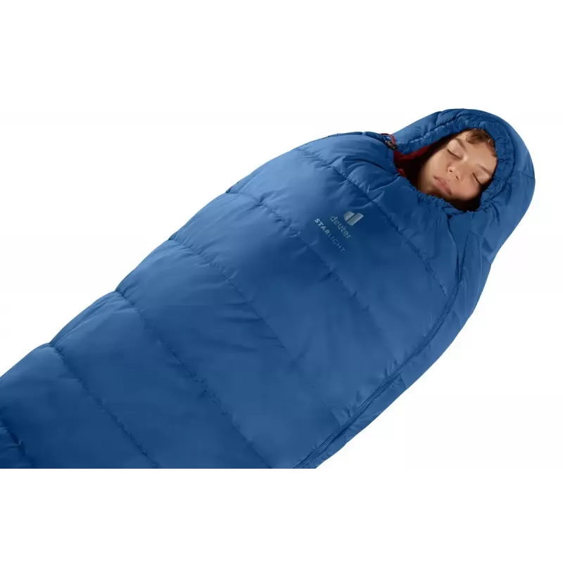 Mumijos formos miegmaišis DEUTER Starlight vaikams 130–170 cm, vasarinis, 910 g, gobtuvu, naktimėlyna/raudonmedis