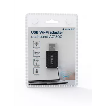 Wi-Fi USB adapteris GEMBIRD AC1300 dviejų juostų Wi‑Fi 5 (RTL8812BU) 867 Mbit/s USB 3.0 vidinė antena juoda