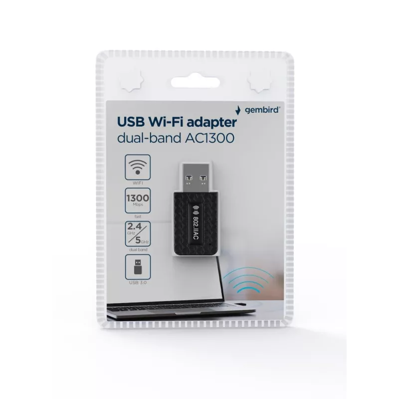 Wi-Fi USB adapteris GEMBIRD AC1300 dviejų juostų Wi‑Fi 5 (RTL8812BU) 867 Mbit/s USB 3.0 vidinė antena juoda