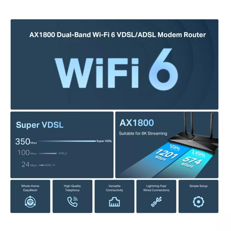 TP-Link Archer AX1800 dviejų juostų „Wi-Fi 6“ VDSL/ADSL maršrutizatorius