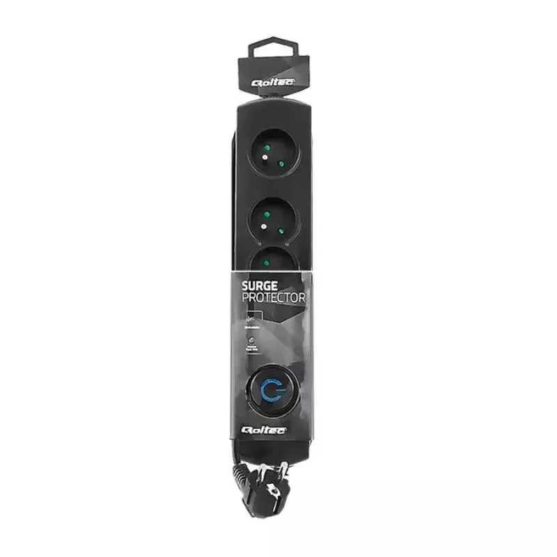Apsauginis filtras QOLTEC 50104 — 4 AC lizdai, 230 V, 1,5 m laidas, juoda